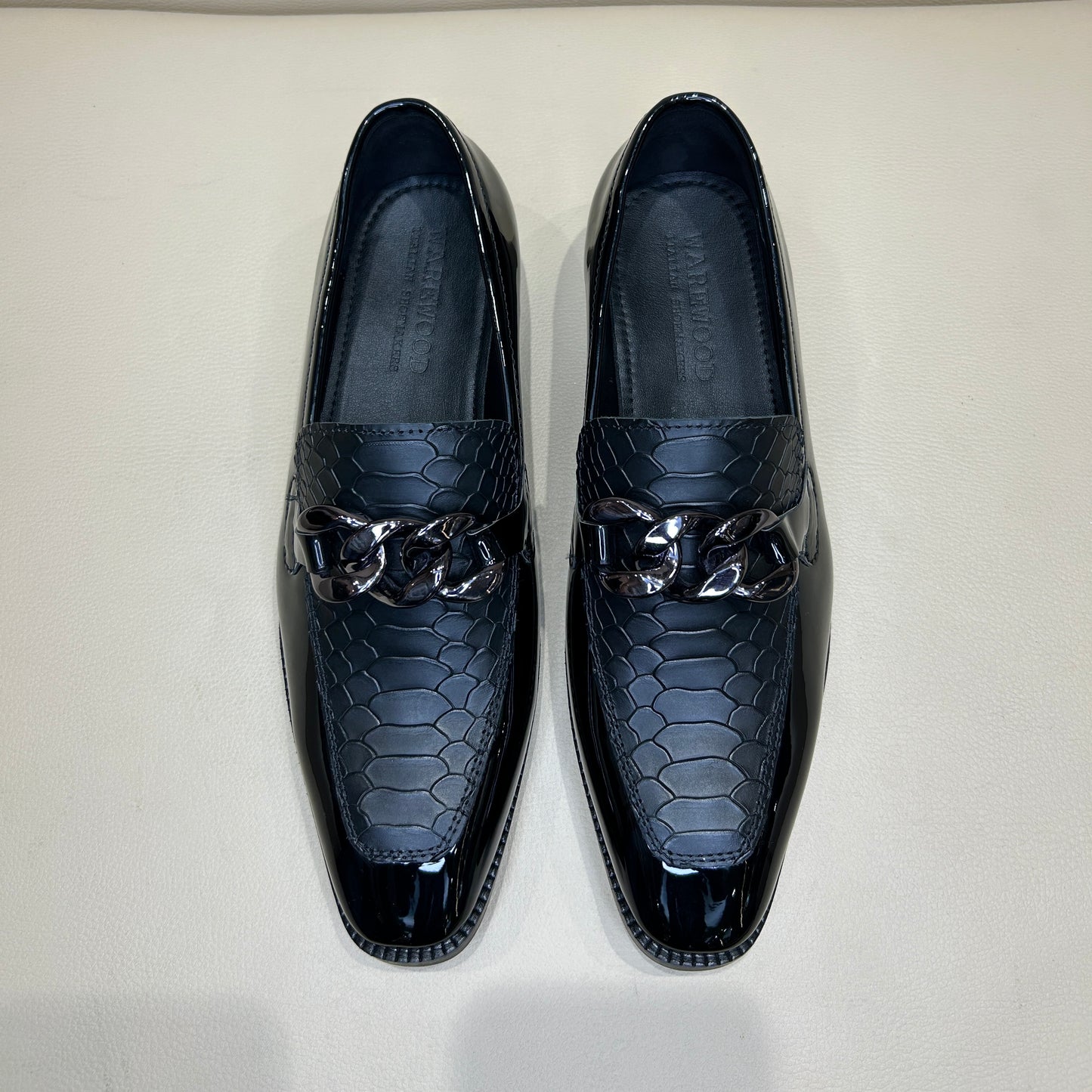 Black Patent Cobra Scaled Moccasins with Gunmetal Chain Buckle