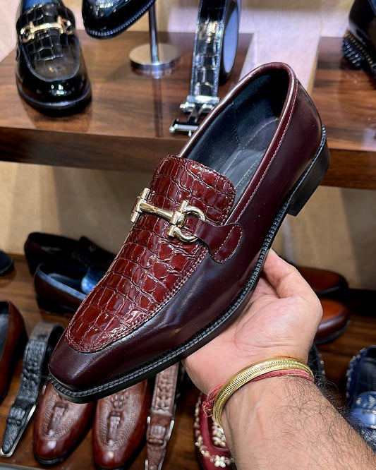 Two-tone Burgundy Croco Horsebit Loafers
