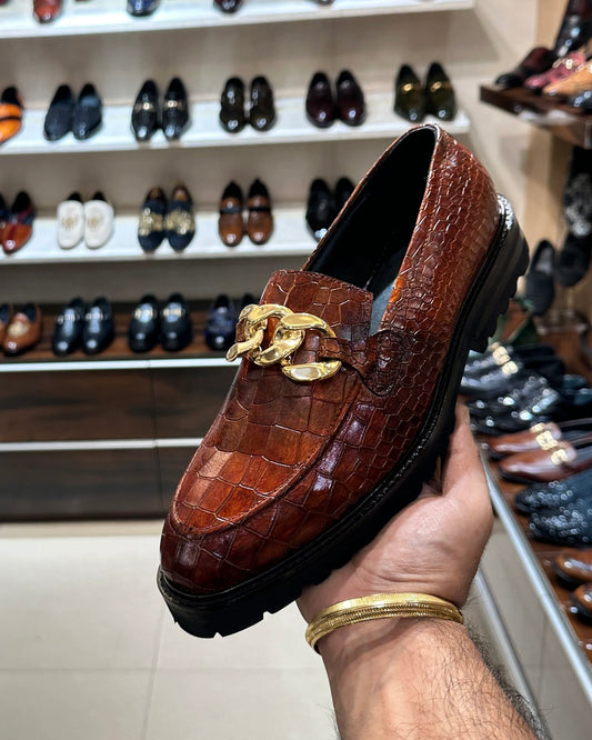Tan Crocodile Scaled Boot Sole Chain Buckle Moccasins