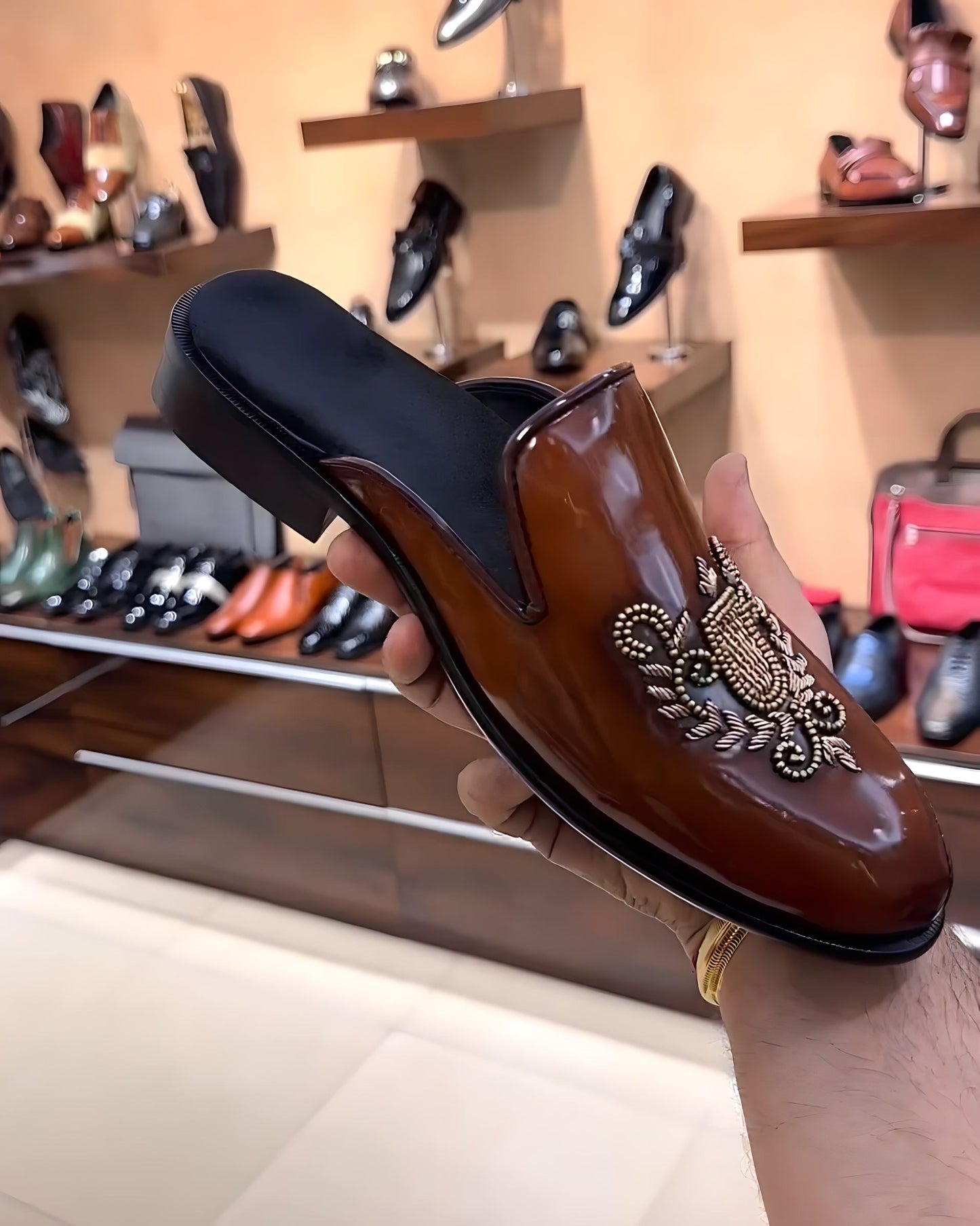 Brown Patina Embroidery Mules