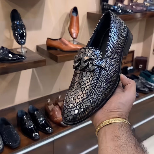 Exotic Silver Snake Foil Moccasins with Silver Chain Buckle