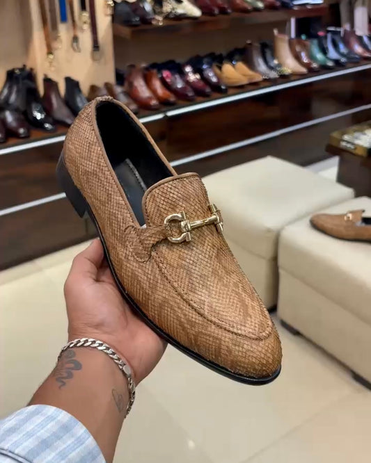 Exotic Beige Snake Pattern Horsebit Loafers