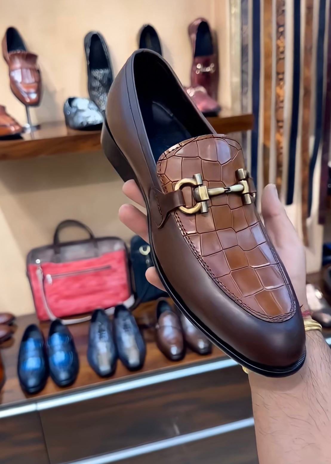 Two-tone Brown Crocodile Scaled Spectator Loafers