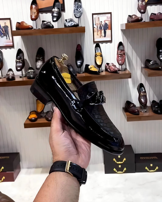 Black Patent Cobra Scaled Loafers with Chain Buckle
