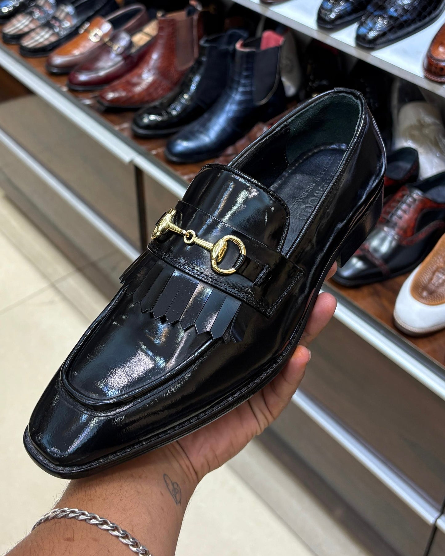 Black Smooth Calf Leather Fringe Horsebit Loafers