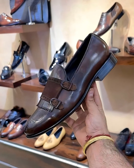 Brown Patina Double Monk Fringes Loafers