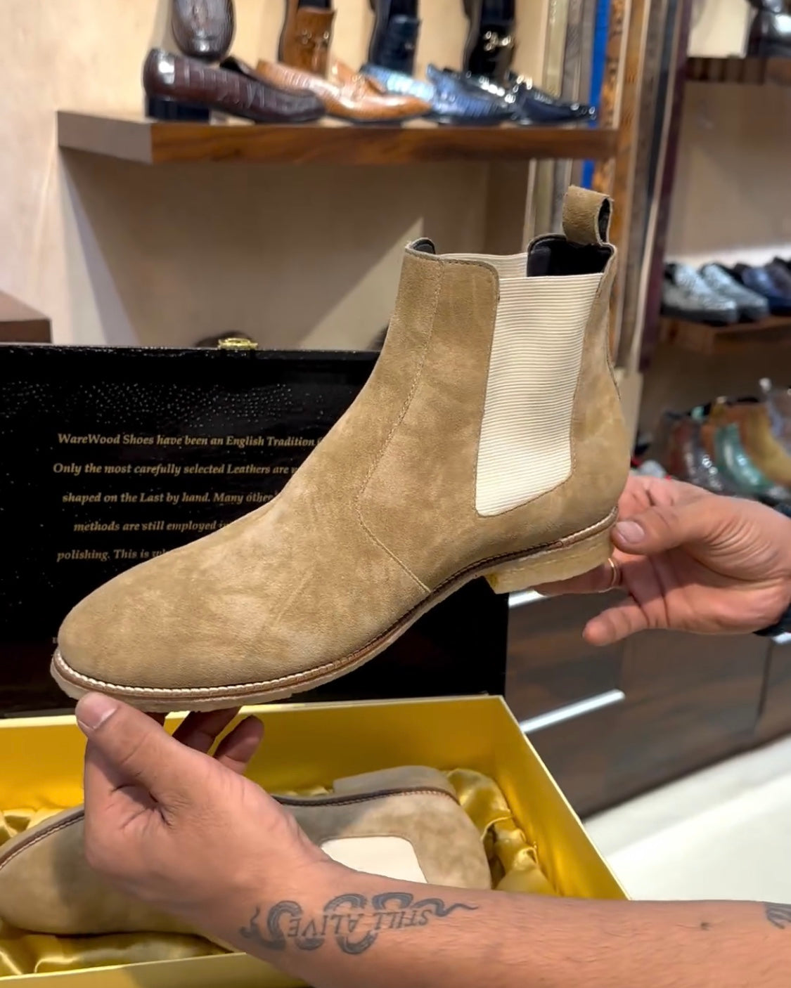 Natural Brushed Beige Suede Chelsea Boots with Wood Sole