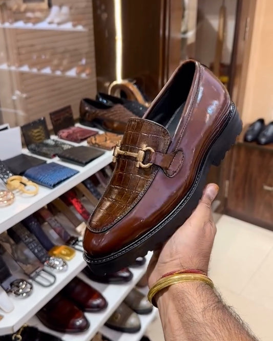 Walnut Brown Crocodile Scaled Boot Sole Moccasins