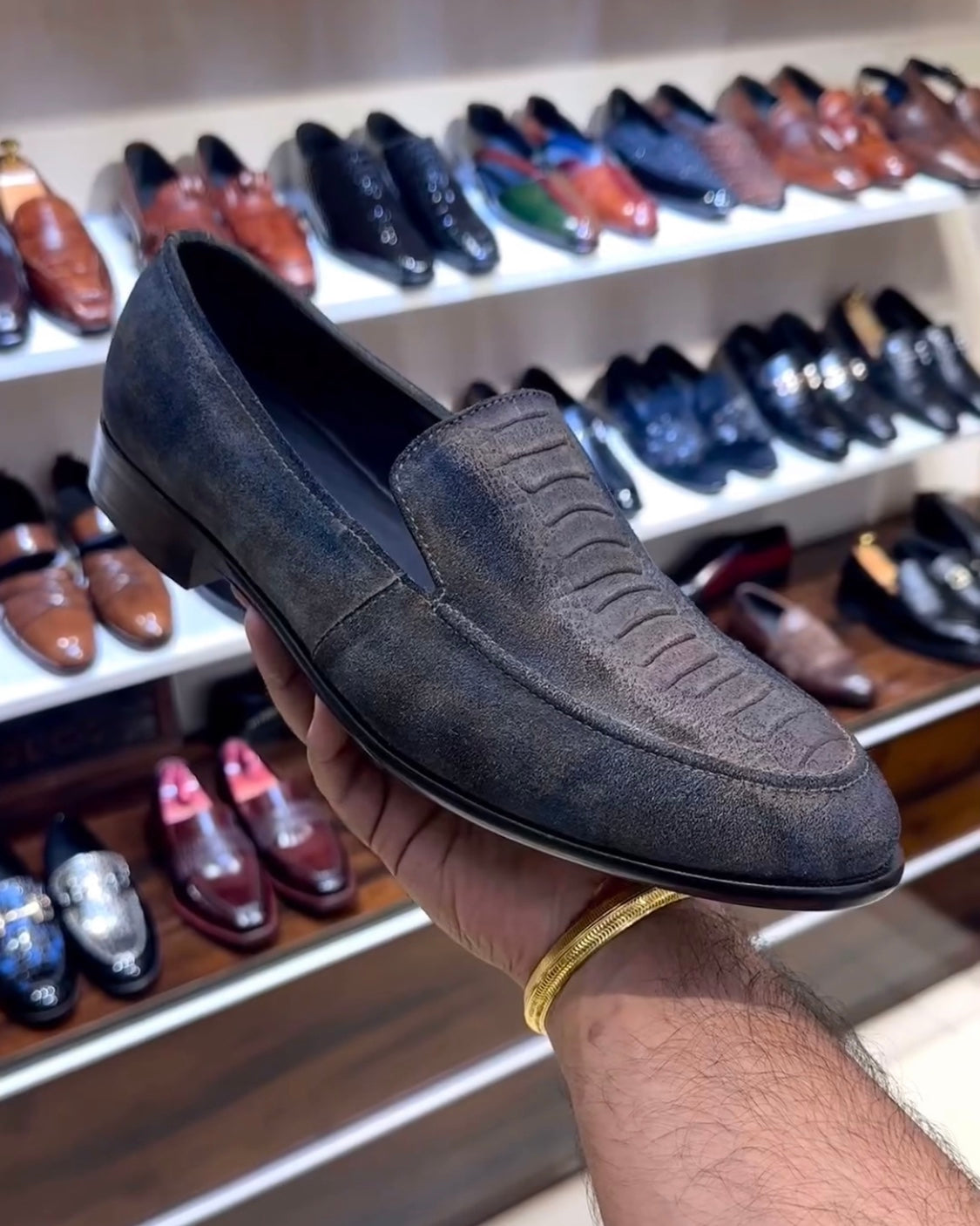 Blue-grey Suede Ostrich Leg Scaled Moccasins