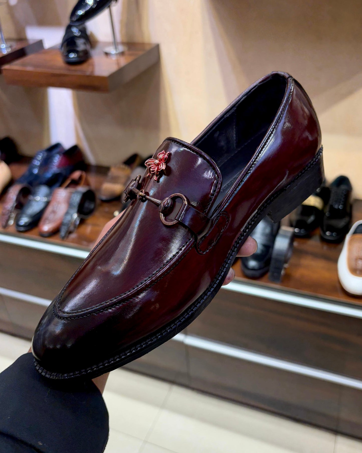 Two-tone Ox-blood Horsebit Moccasins with Bee