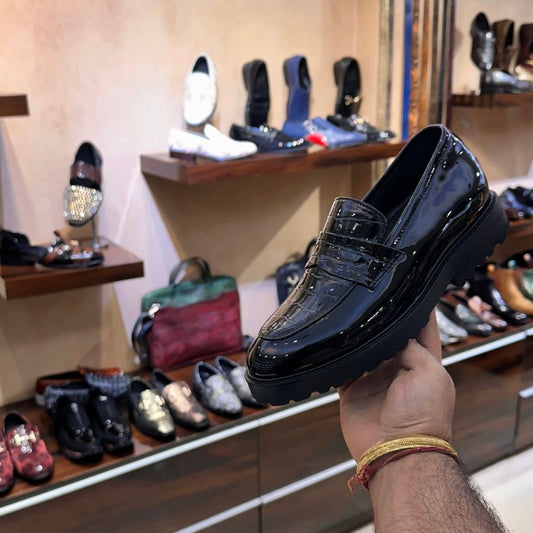 Patent Crocodile Boot Sole Penny Moccasins
