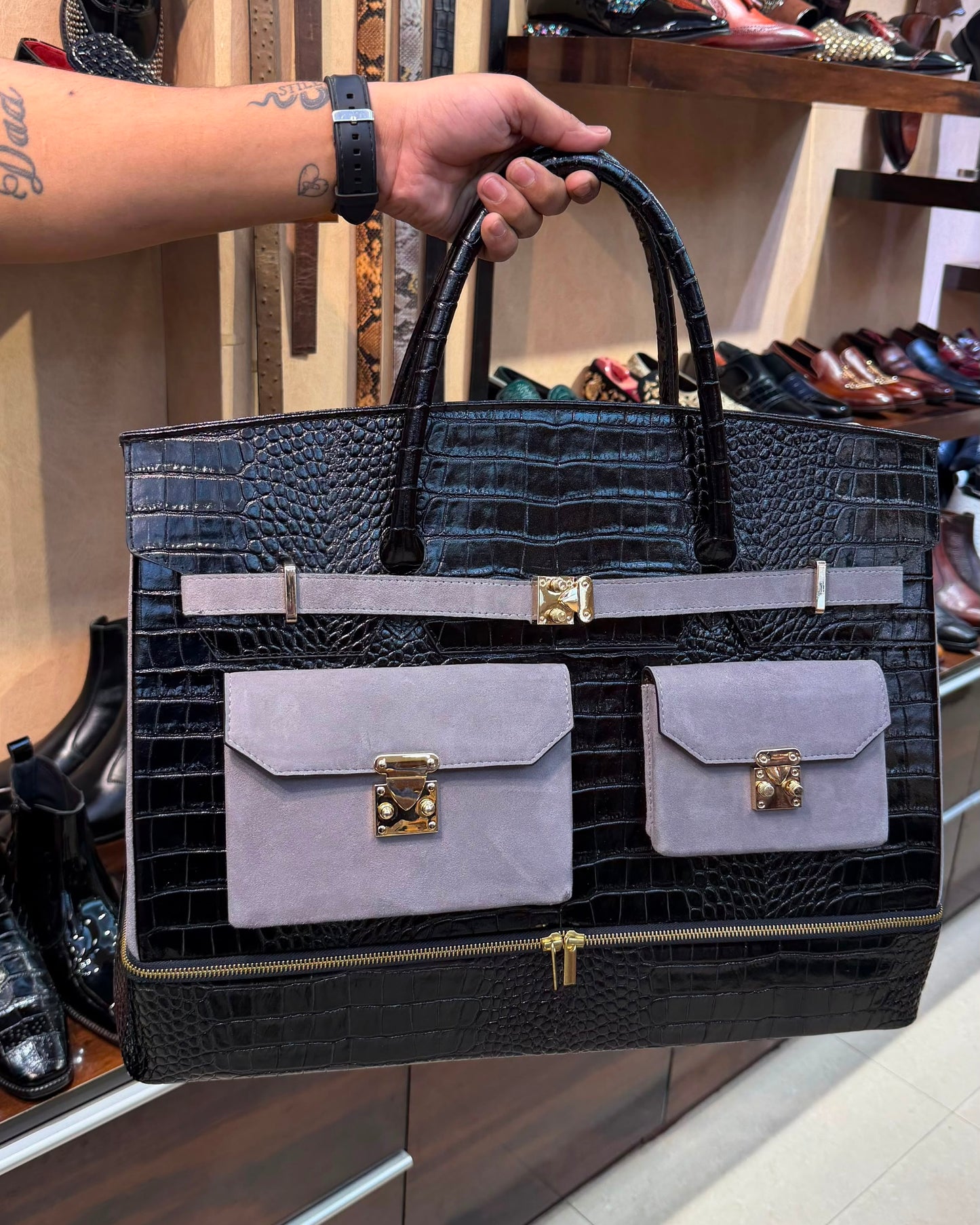 Black Crocodile And Grey Suede Travel Bag With Bottom Shoe Compartment