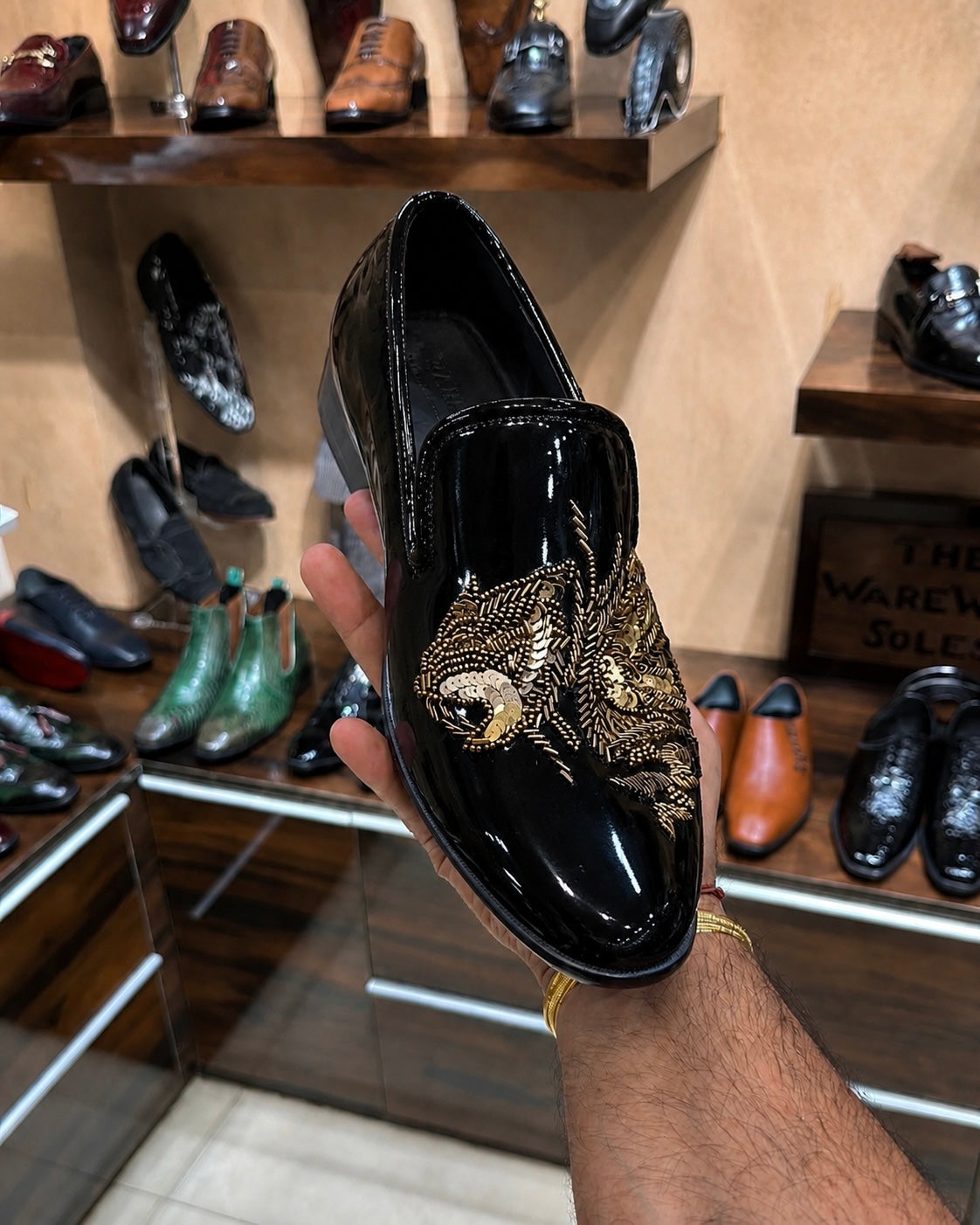 Black Patent Leather Gold Tiger Hand-embroidered Loafers