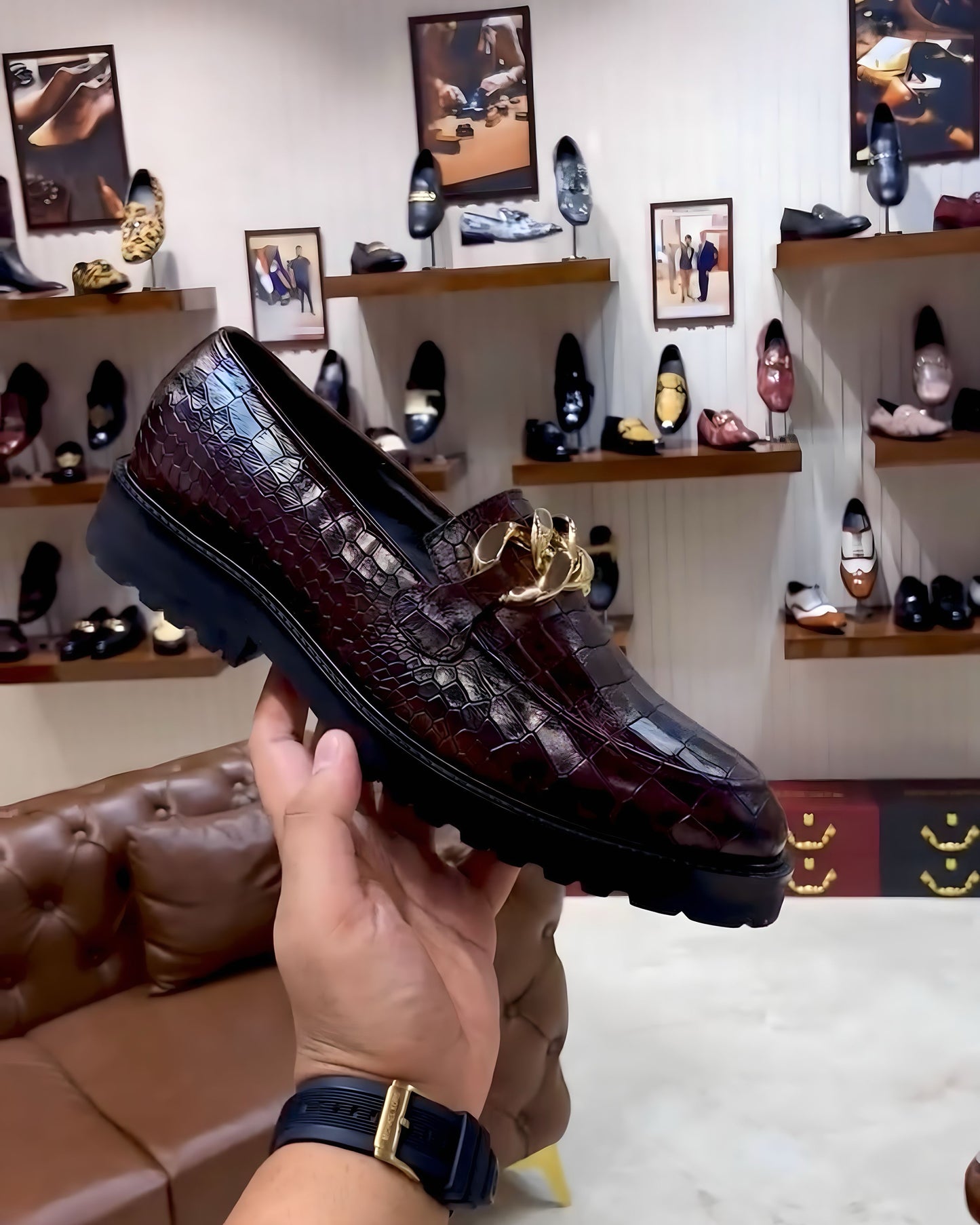 Deep Burgundy Crocodile Scaled Boot Sole Moccasins