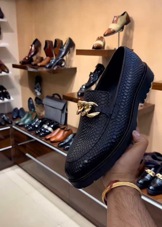 Black Cobra Scaled Boot Sole Moccasins with Chain Buckle