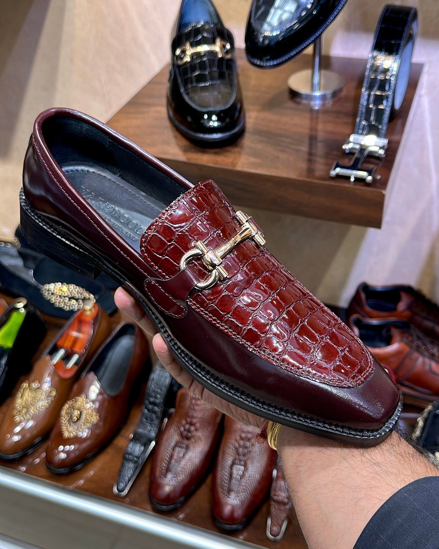 Two-tone Burgundy Croco Horsebit Loafers
