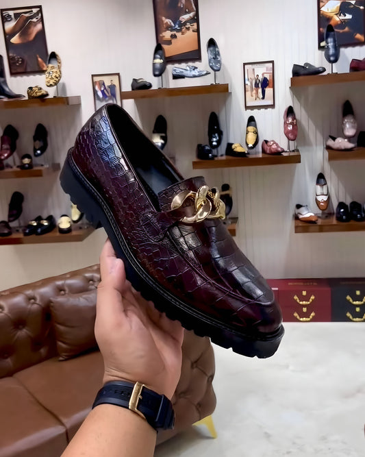 Deep Burgundy Crocodile Scaled Boot Sole Moccasins