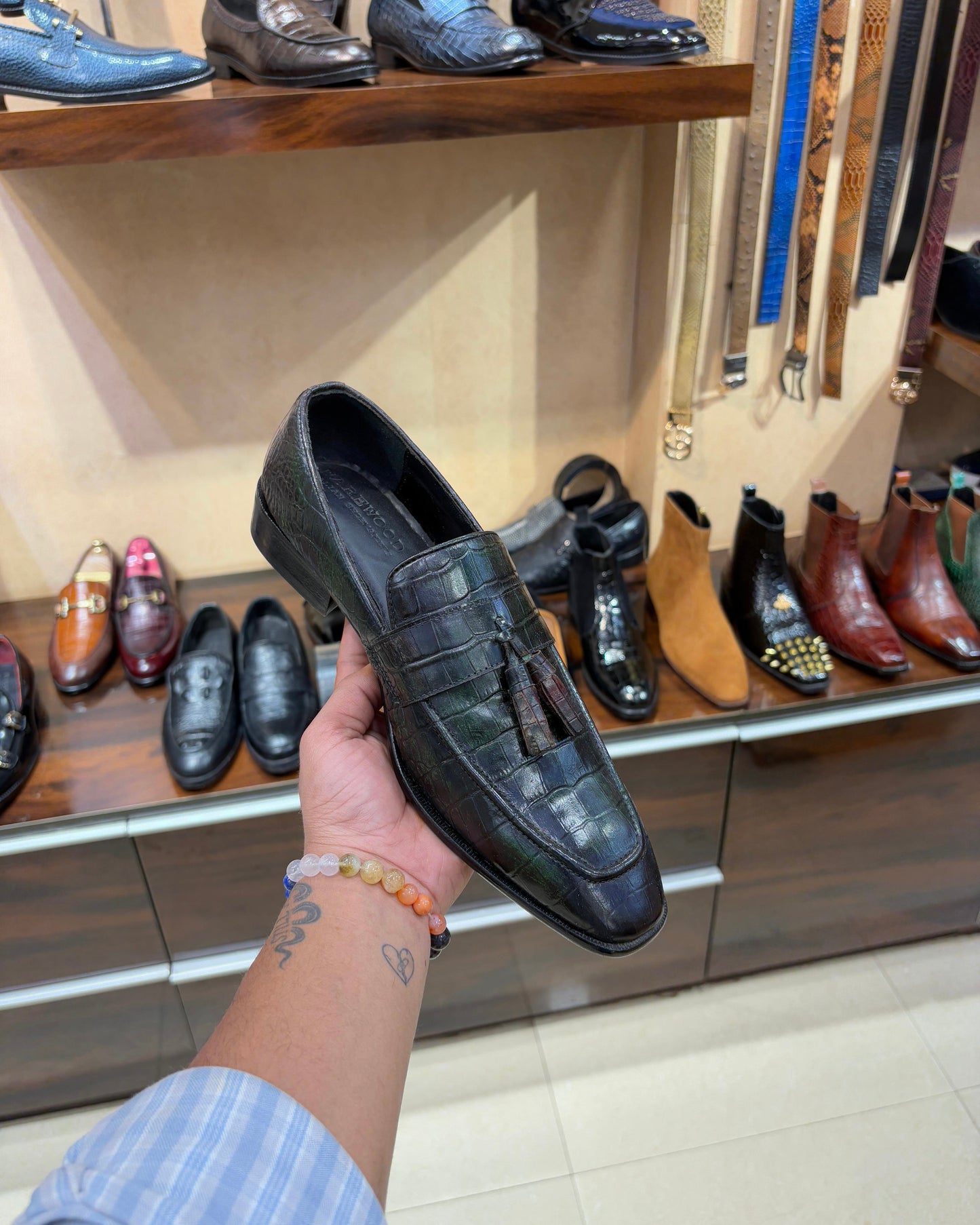 Forest Green Patina Crocodile Leather Tassel Loafers