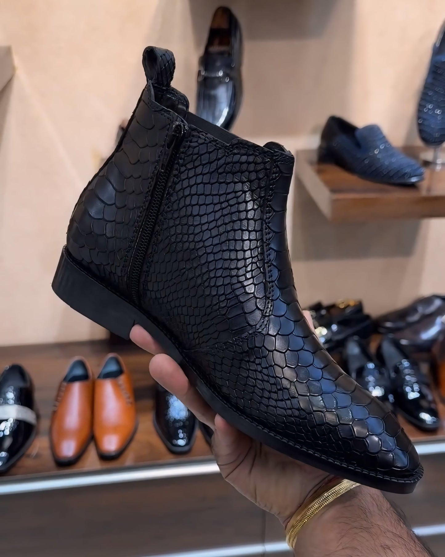 Matte Black Cobra Scaled Low-top Boots