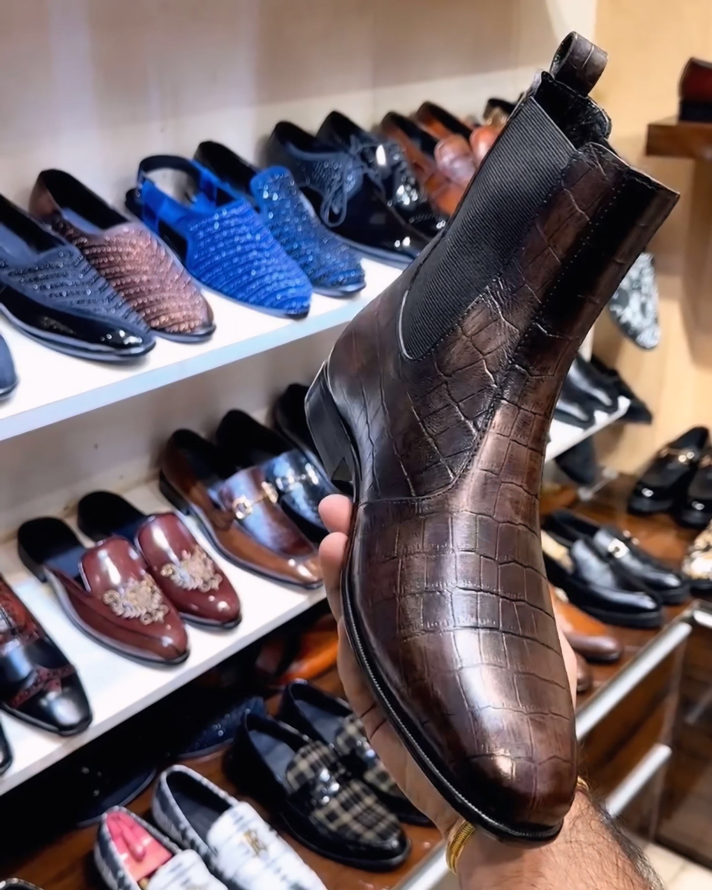 Metallic Brown Crocodile Scaled Chelsea Boots