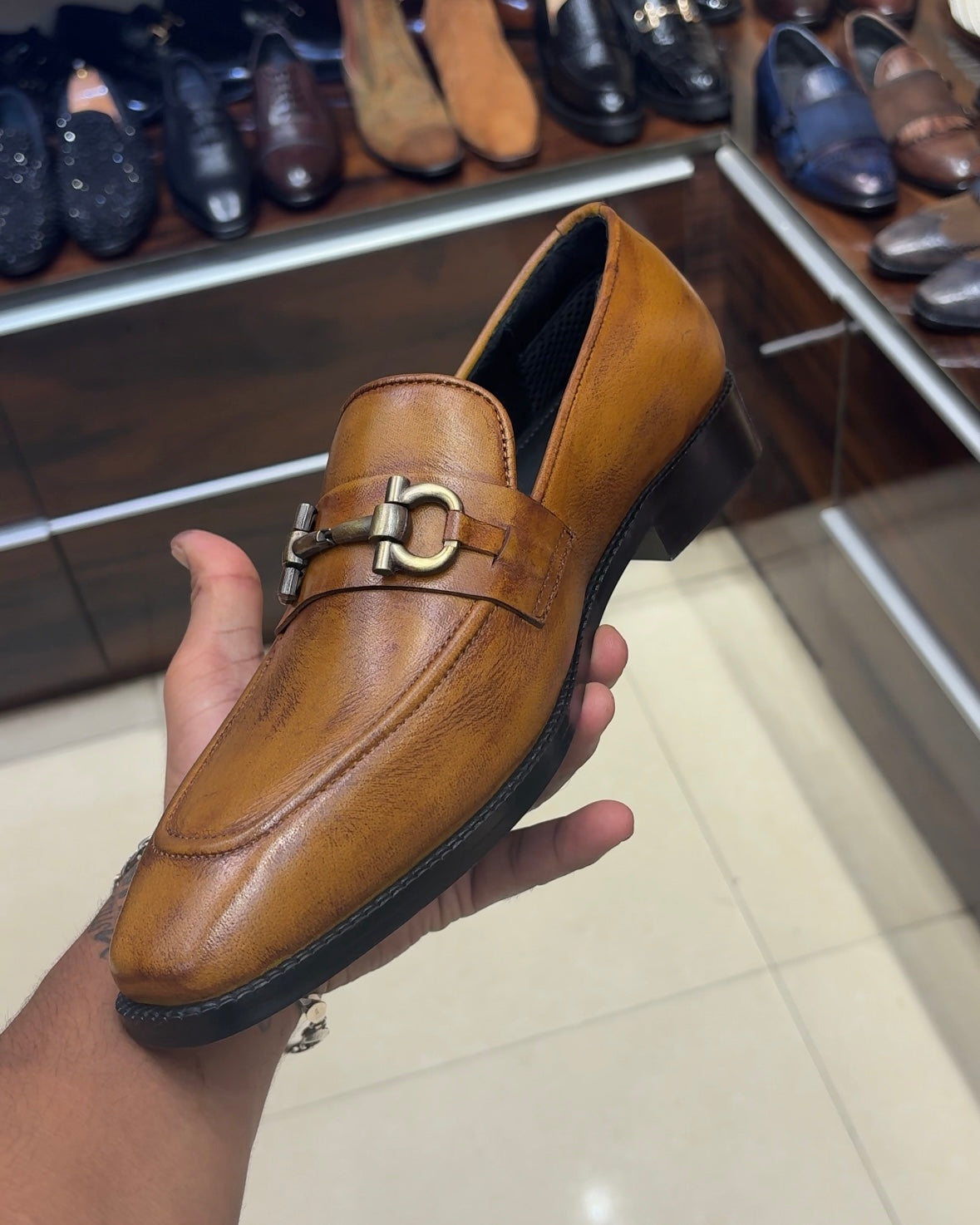 Yellow-tan Patina Horsebit Loafers