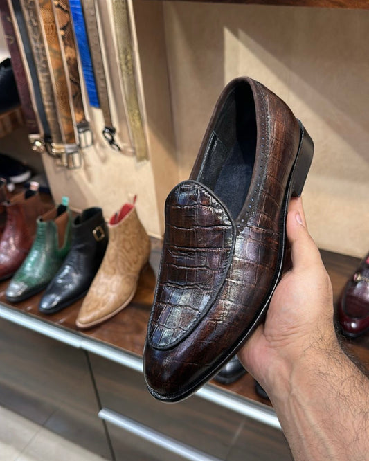 Tobacco Brown Croco Belgian Loafers
