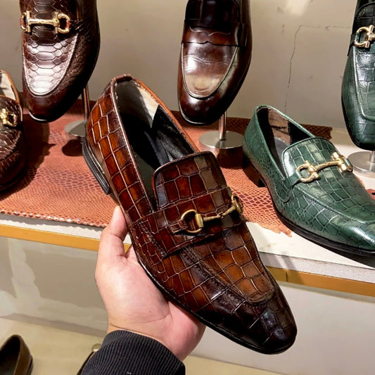 Burnished Tan Crocodile Scaled Loafers