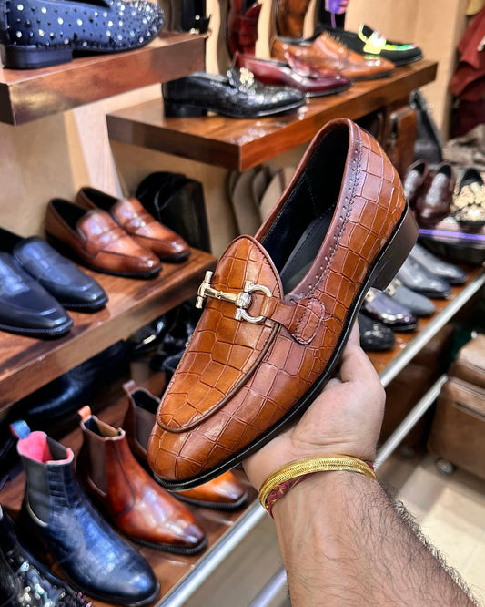 Tan Crocodile Scaled Belgian Horsebit Loafers