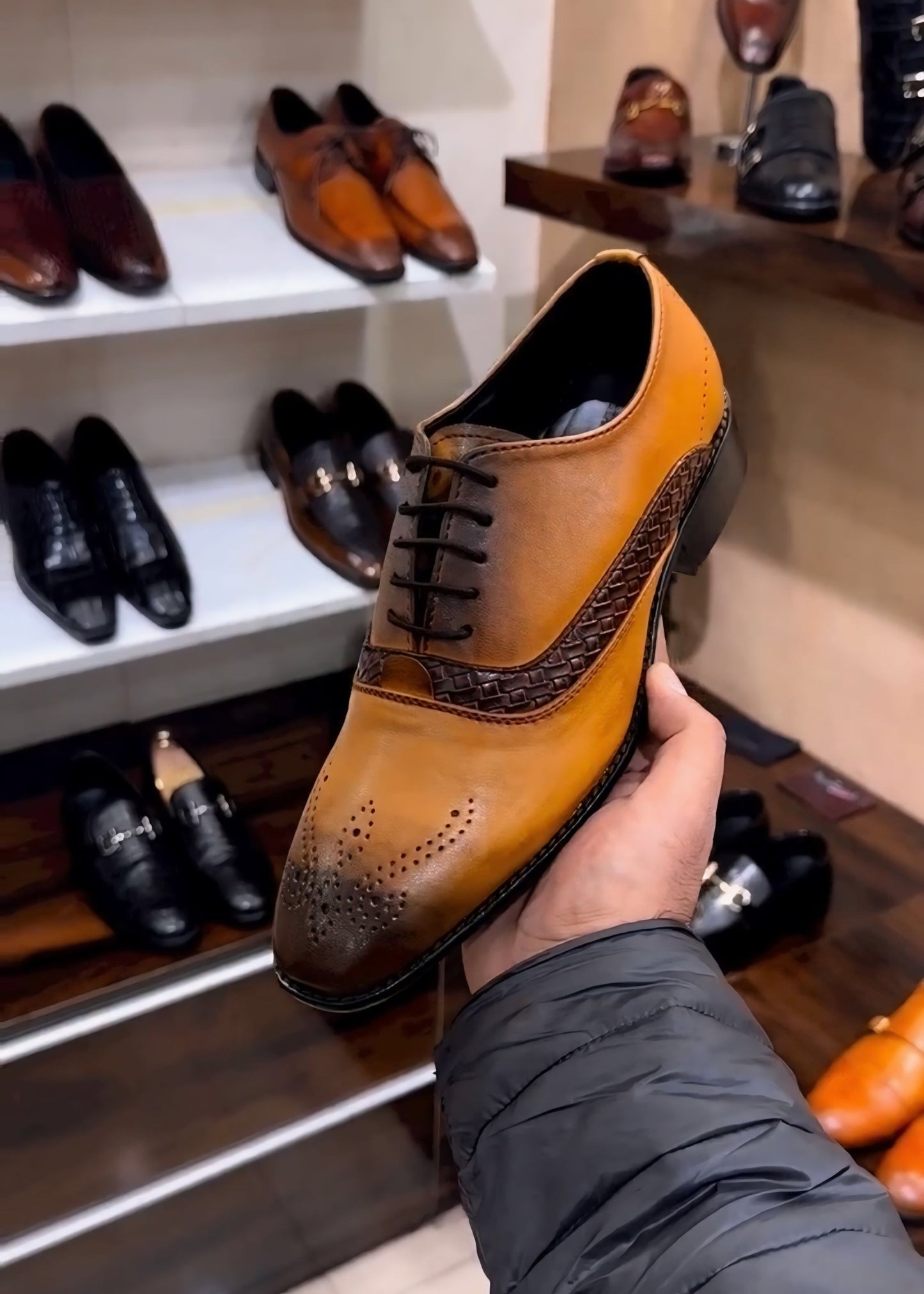 Tan Patina Brogue Braided Oxfords