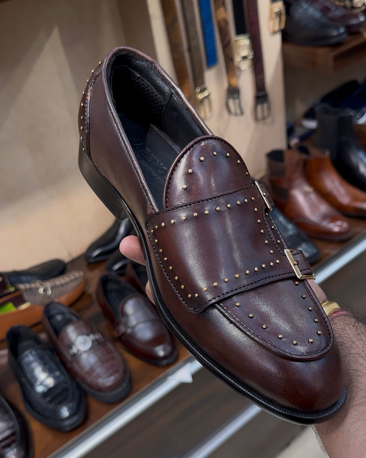 Brown Patina Double Monk Strap Loafers