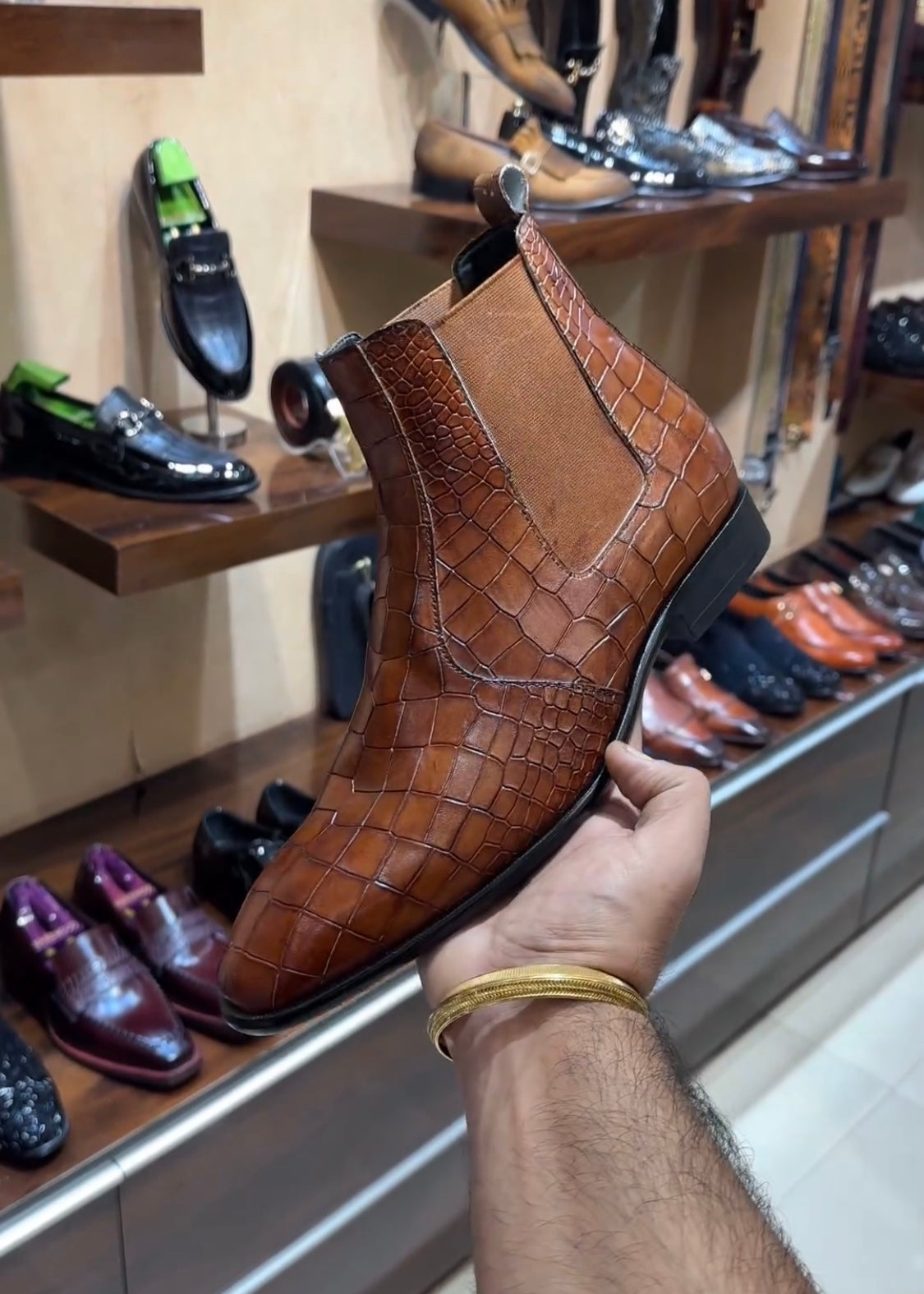 Tan Patina Croc Scaled Chelsea Boots