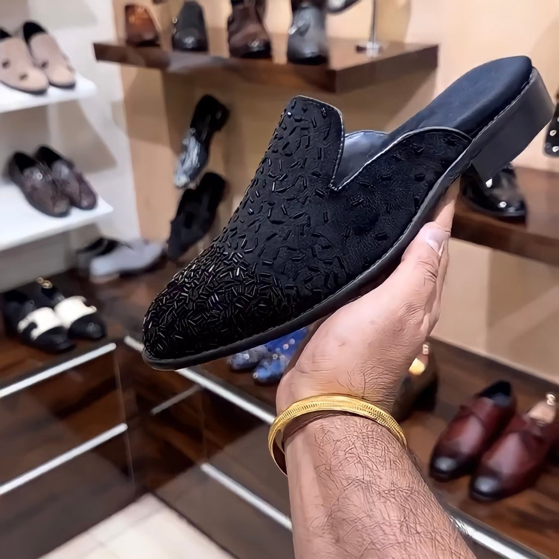 Black Suede Embroidery Mules