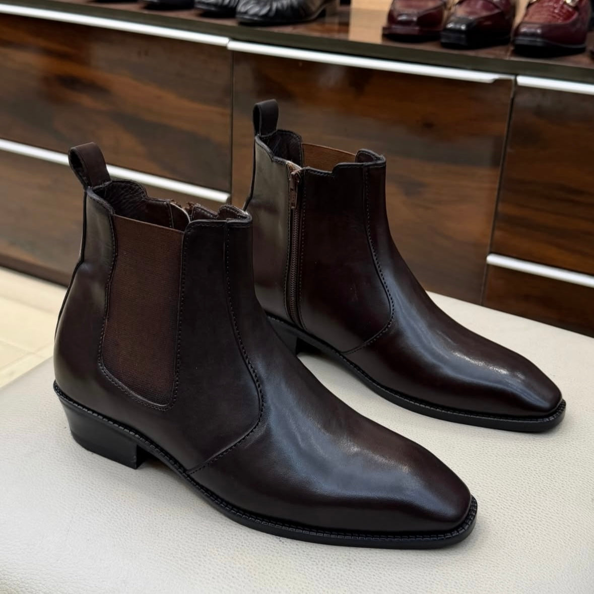 Dark Brown Chelsea Zip Boots with Cuban Heel