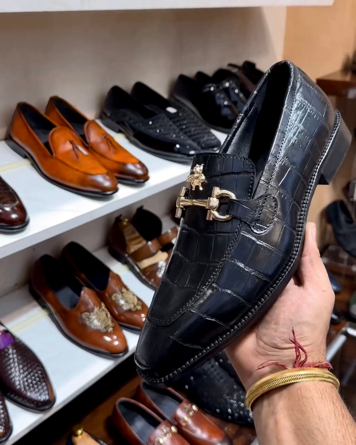 Black Crocodile Scaled Horsebit Loafers with Bee