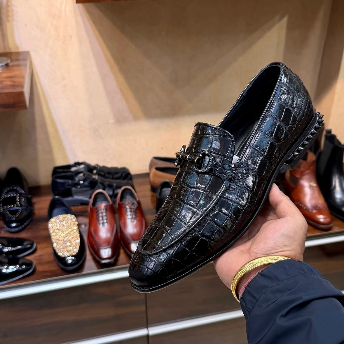 Black Smooth Croco Studded Heel Loafers