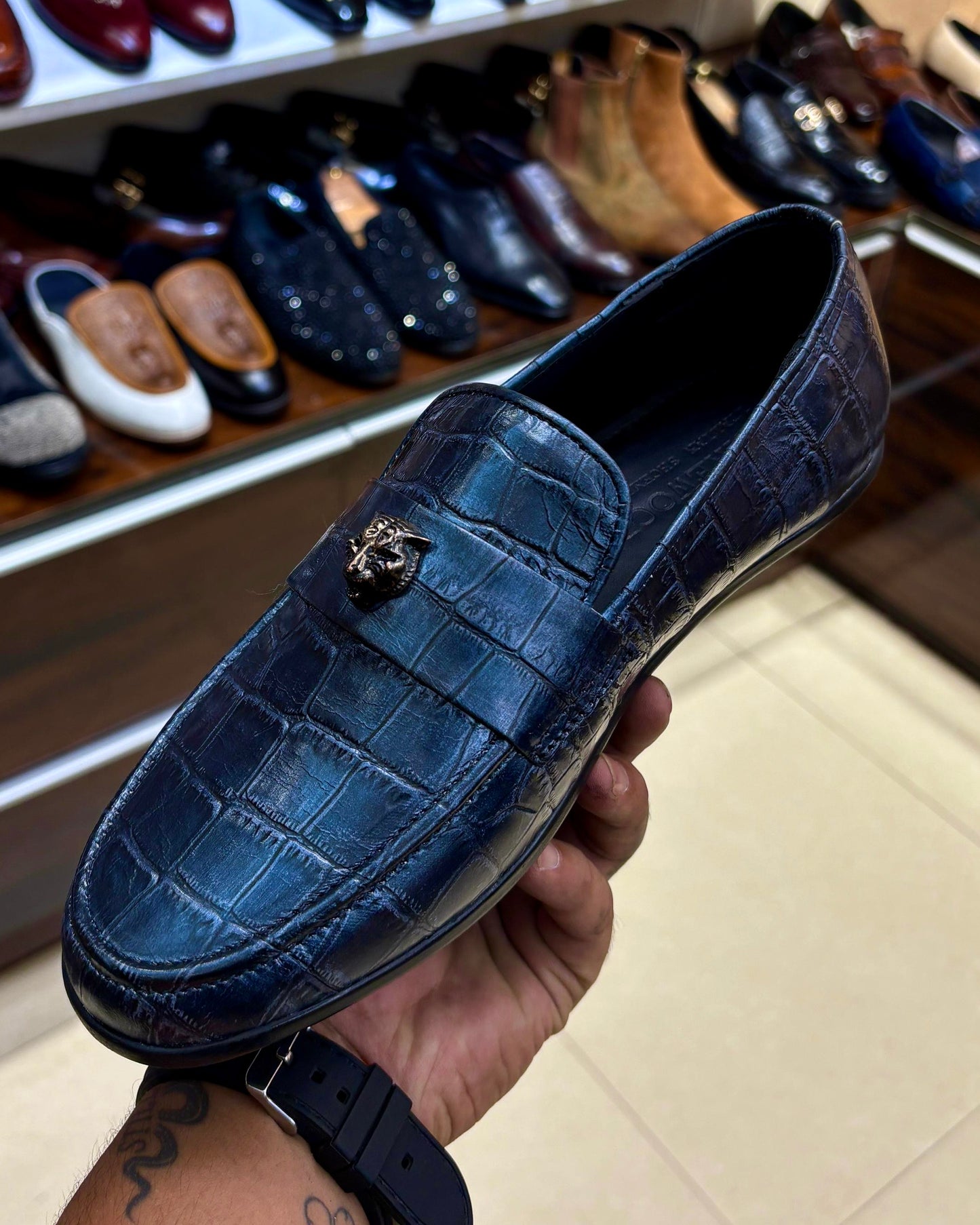 Midnight Blue Crocodile Scaled Driving Loafers