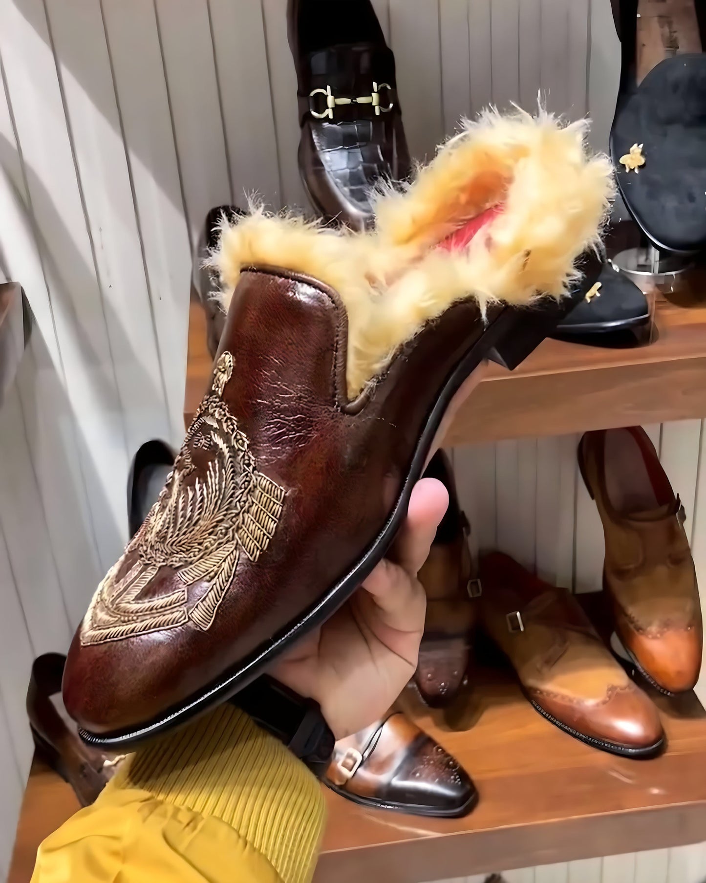 Brown Patina Hand-embroidery Fur Mules