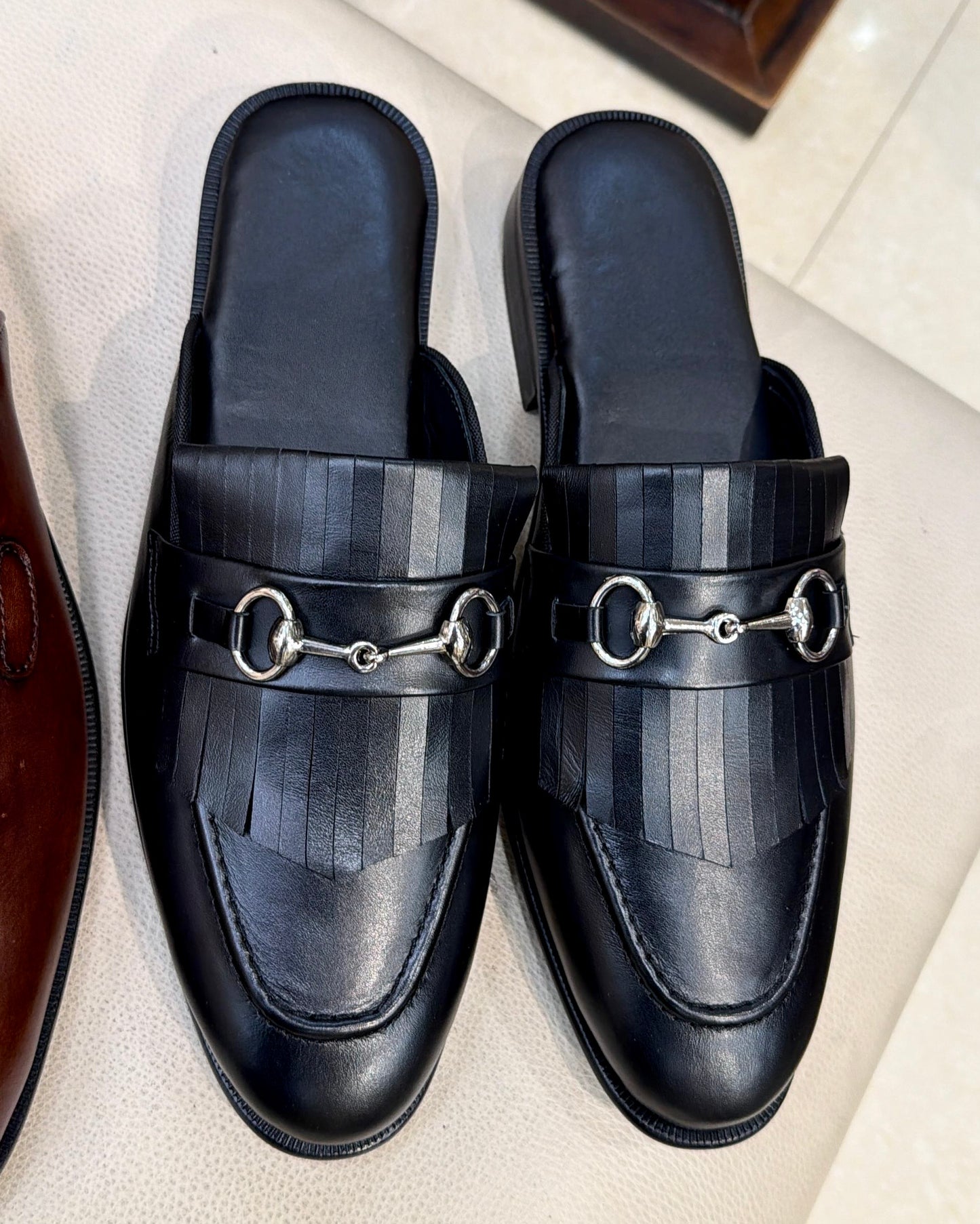 Black Italian Leather Fringes Mules with Silver Horsebit