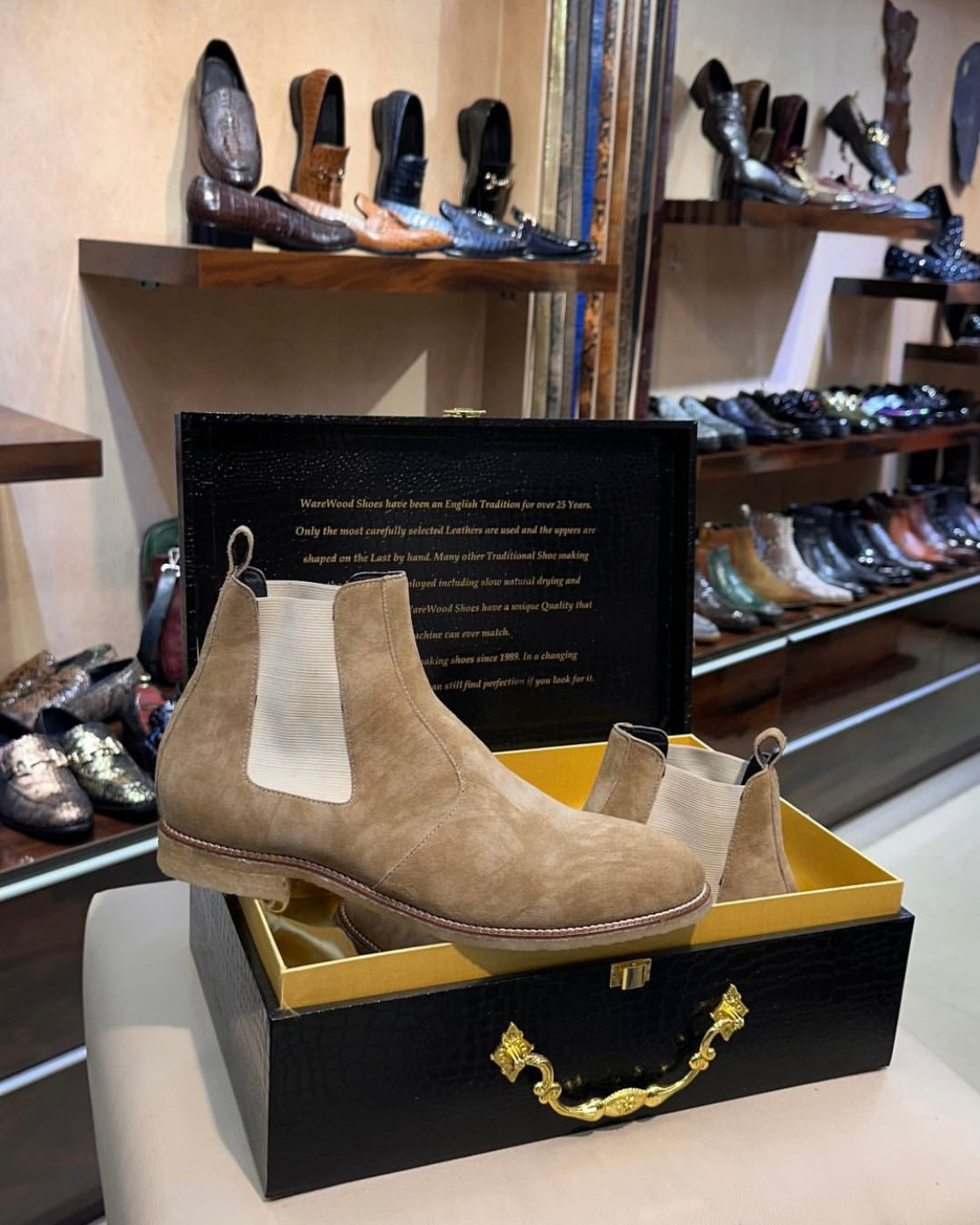 Natural Brushed Beige Suede Chelsea Boots with Wood Sole