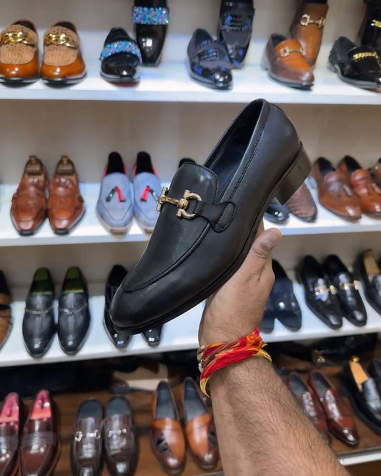 Classic Black Calf Skin Leather Loafers with Gold Buckle