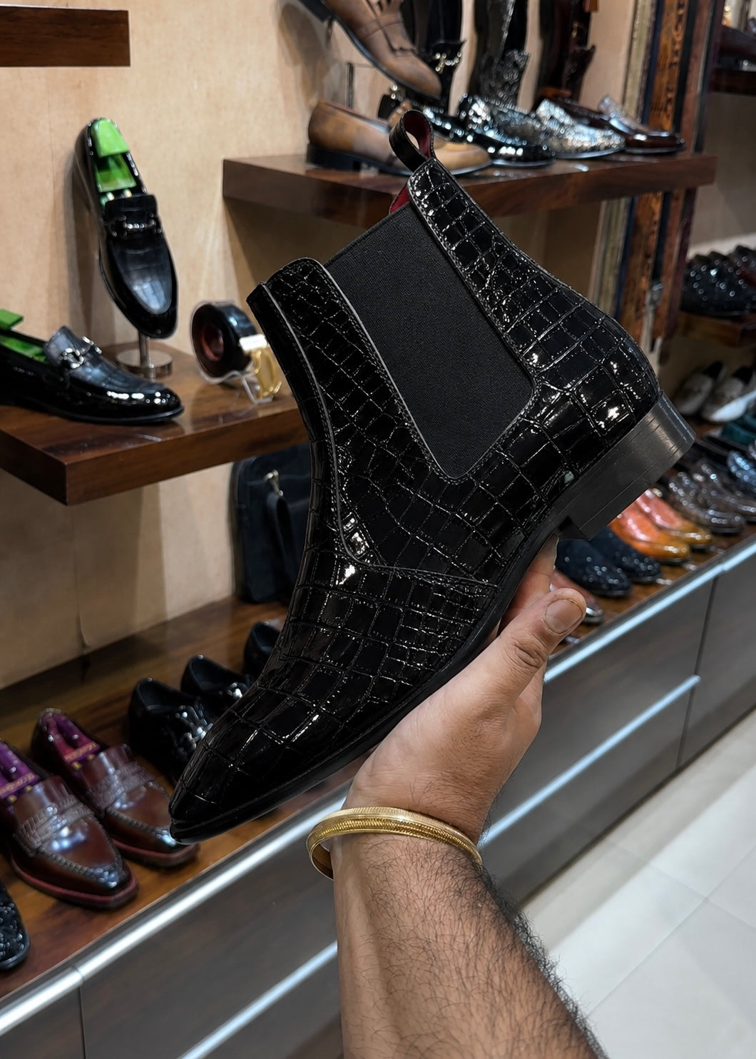 Black Patent Croc Chelsea Boots