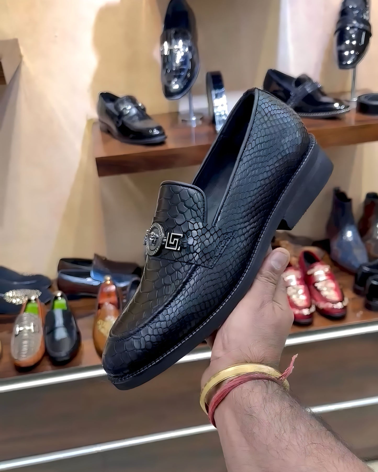 Designer Black Cobra Scaled Slip-on Loafers