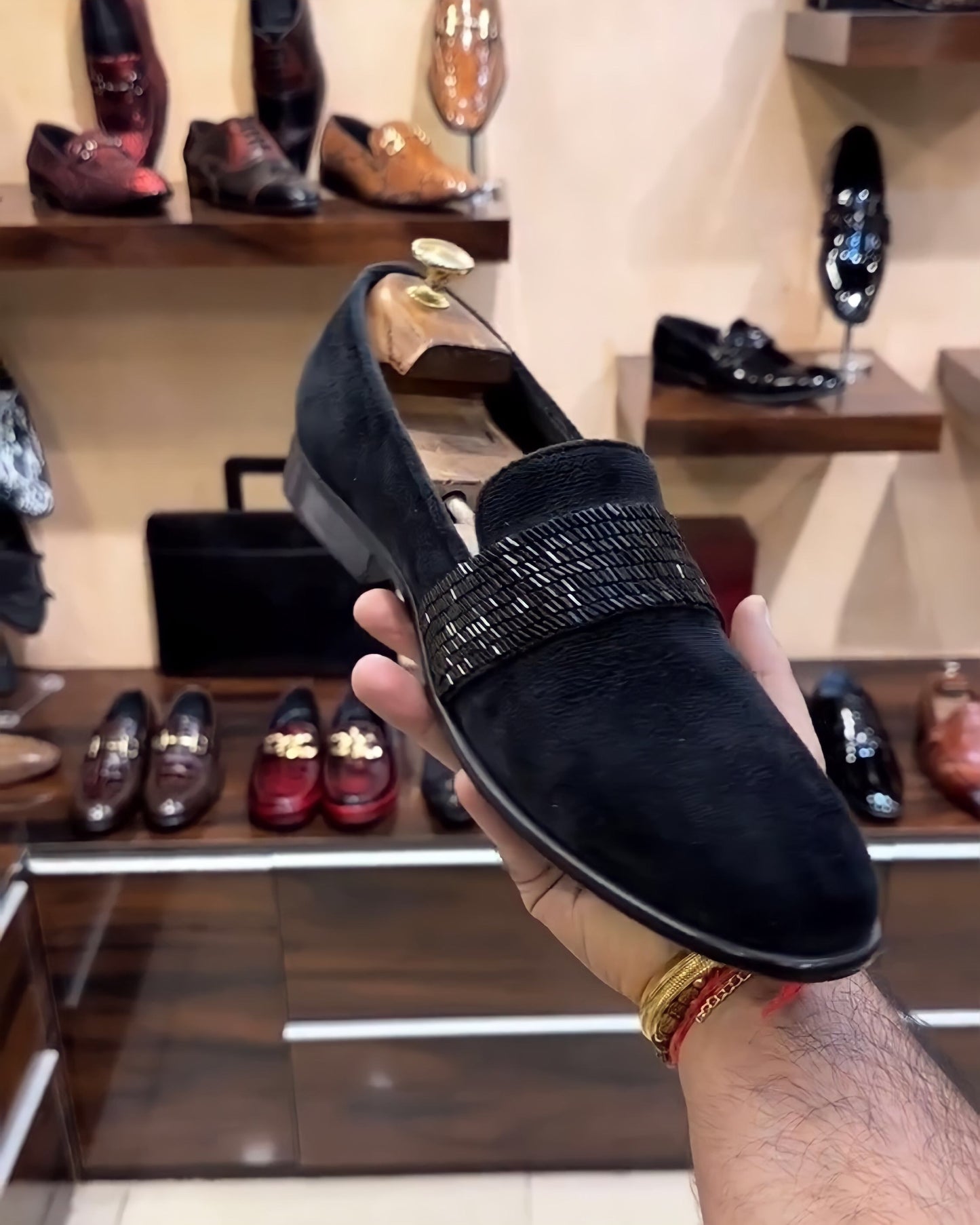 Black Suede Embroidery Strap Moccasins