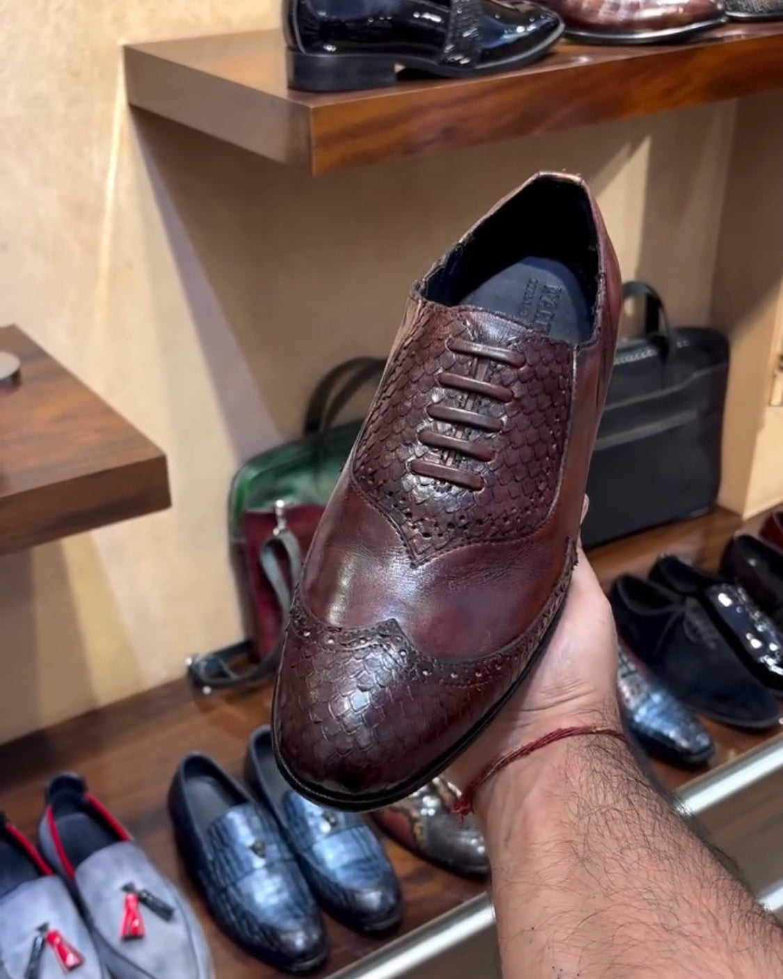 Cognac Patina Cobra Scaled Wing-tip Oxfords