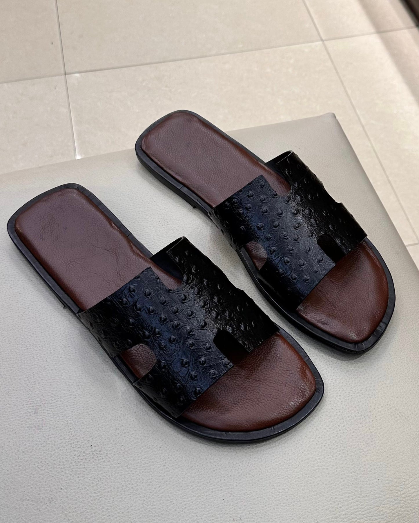 Exotic Black Ostrich Scaled Slides