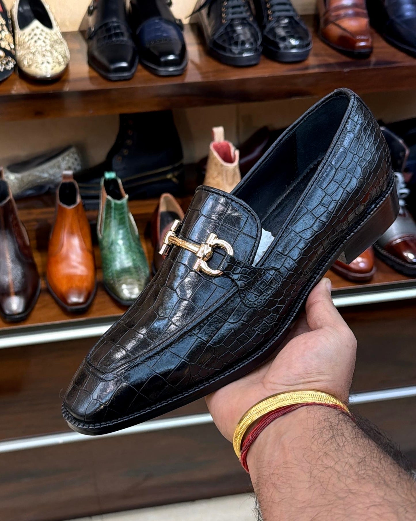 Black Croco Gold Horsebit Square Toe Loafers