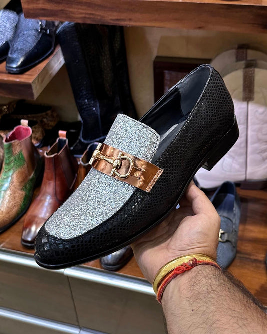 Designer Black Snake Foil Shimmery Horsebit Loafers