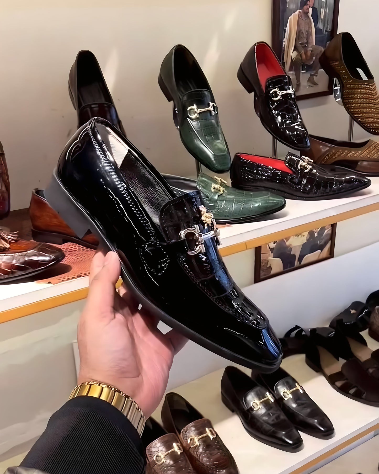 Luxe Edition Smokey Patent Croc Moccasins with Bee