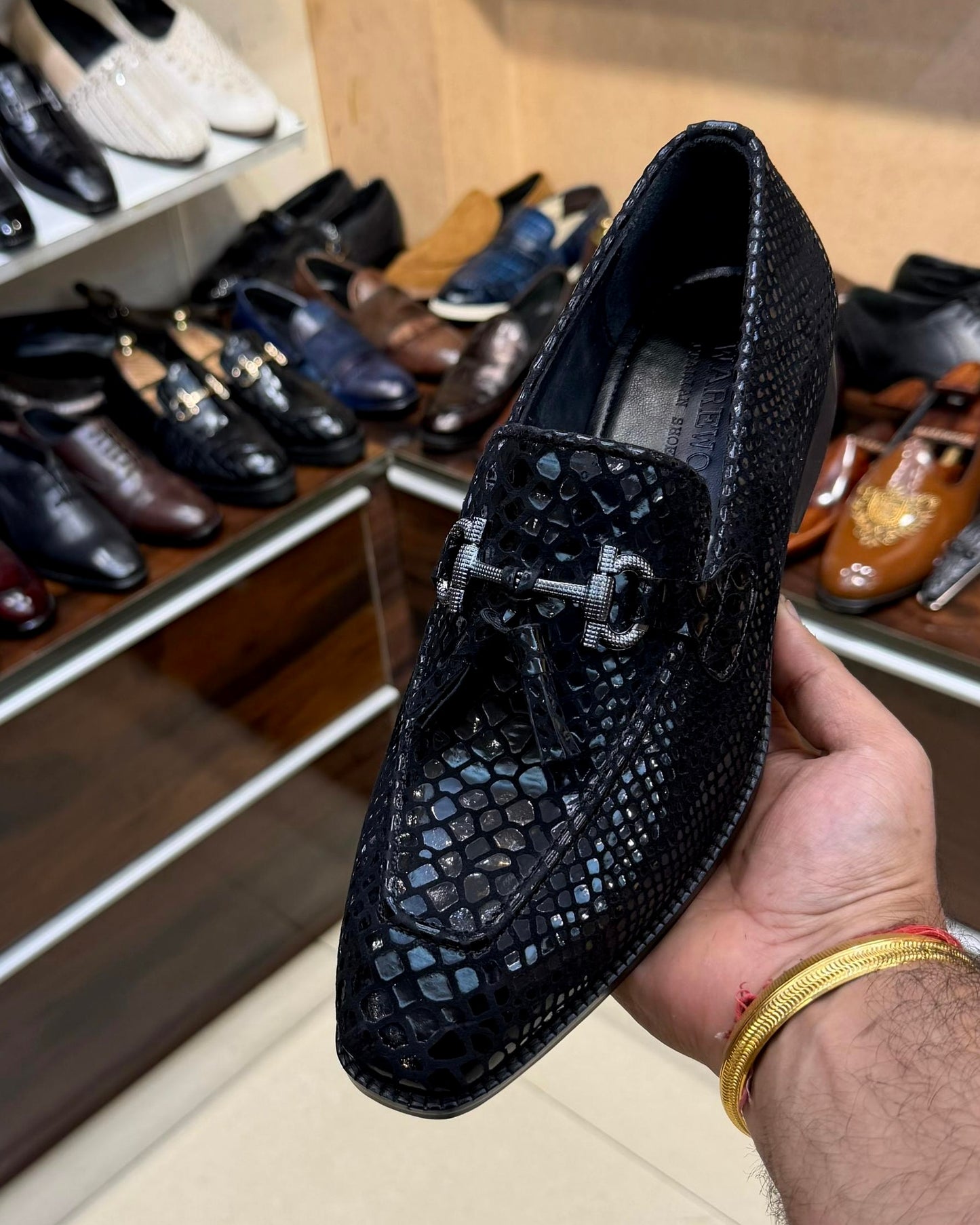 Signature Black Snake Foil Horsebit Tassel Loafers