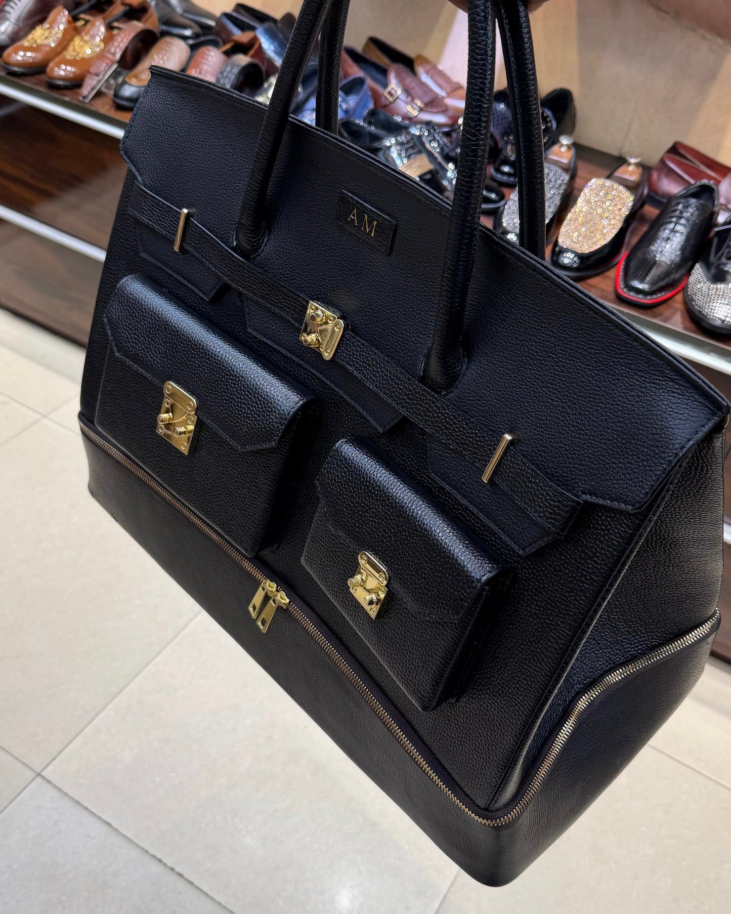 Black Full Grain Leather Travel Bag With Bottom Shoe Compartment